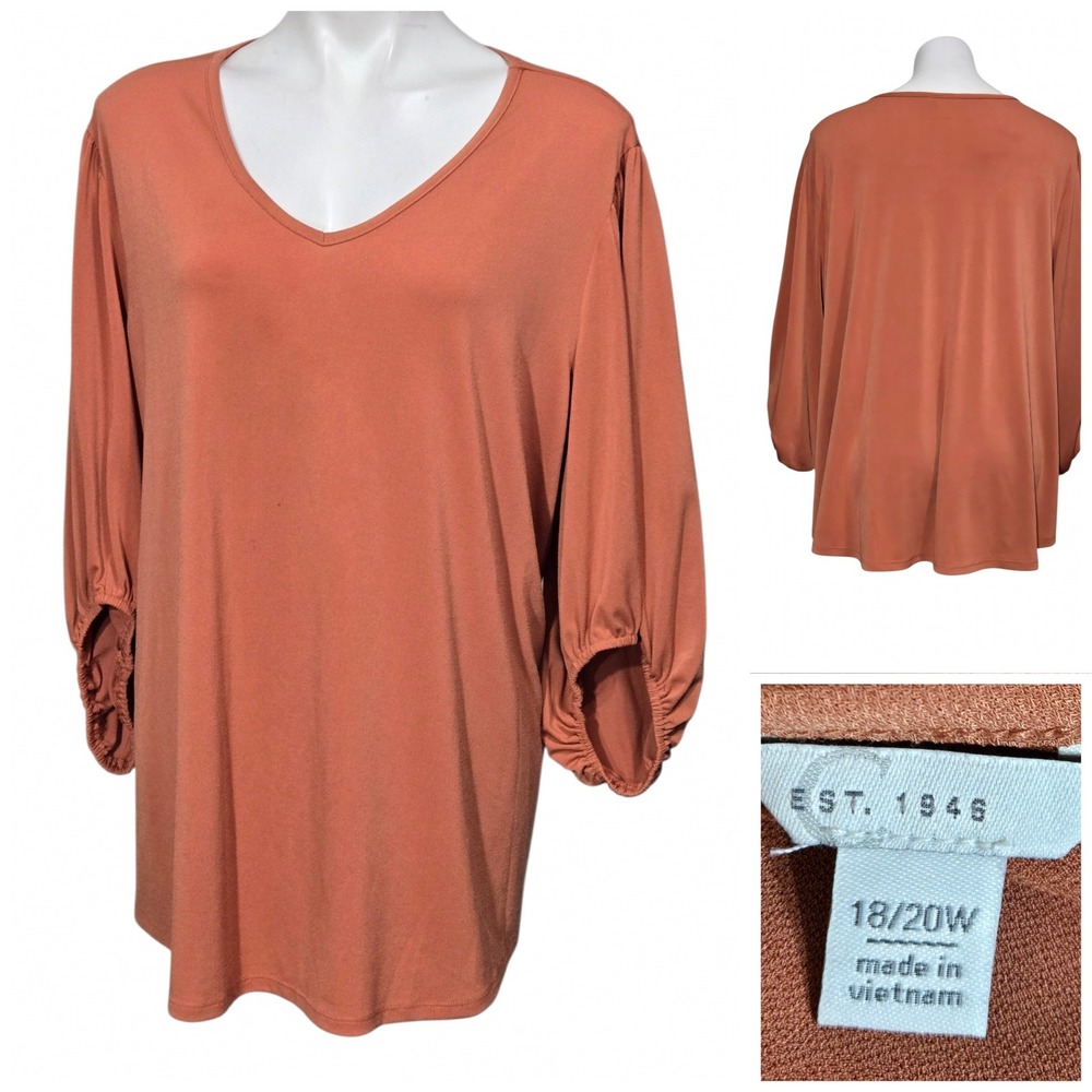 Cato Women Plus Size 18/20W Terracotta V-Neck Puff Sleeve Blouse fall casual